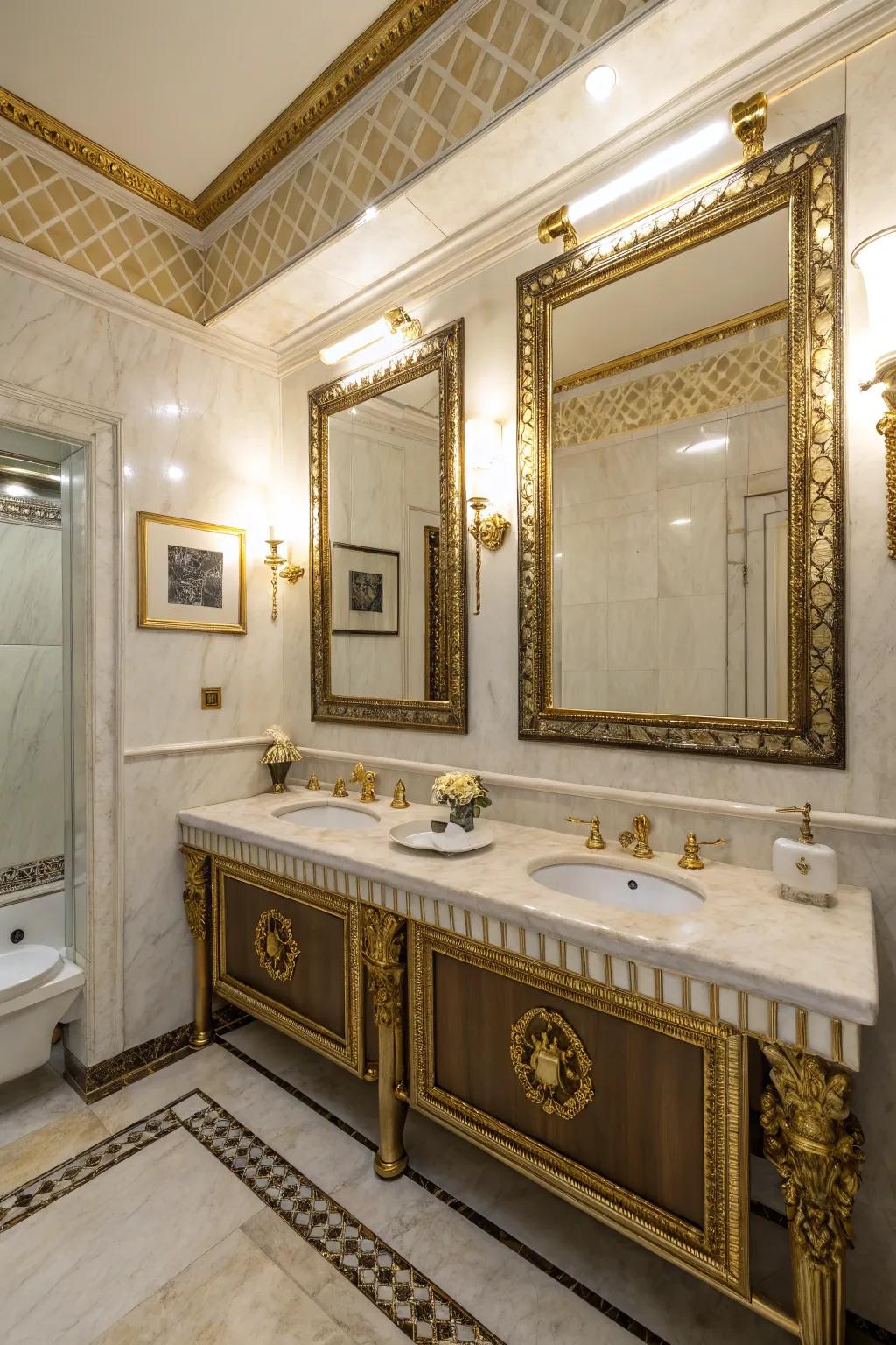 Gilded highlights contribute a regal impression to this lavish washroom.