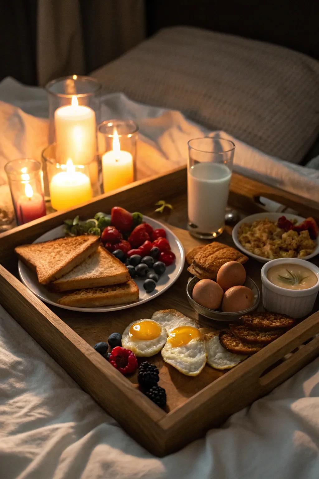 A breakfast by soft light creates a warm and intimate atmosphere.