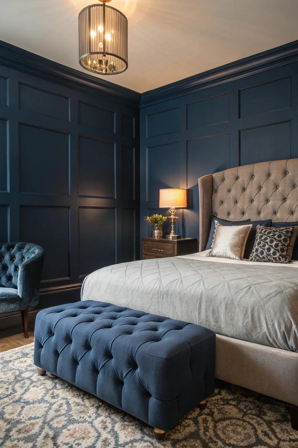 Quilted furniture injects classic luxury into a cozy deep sea blue room.