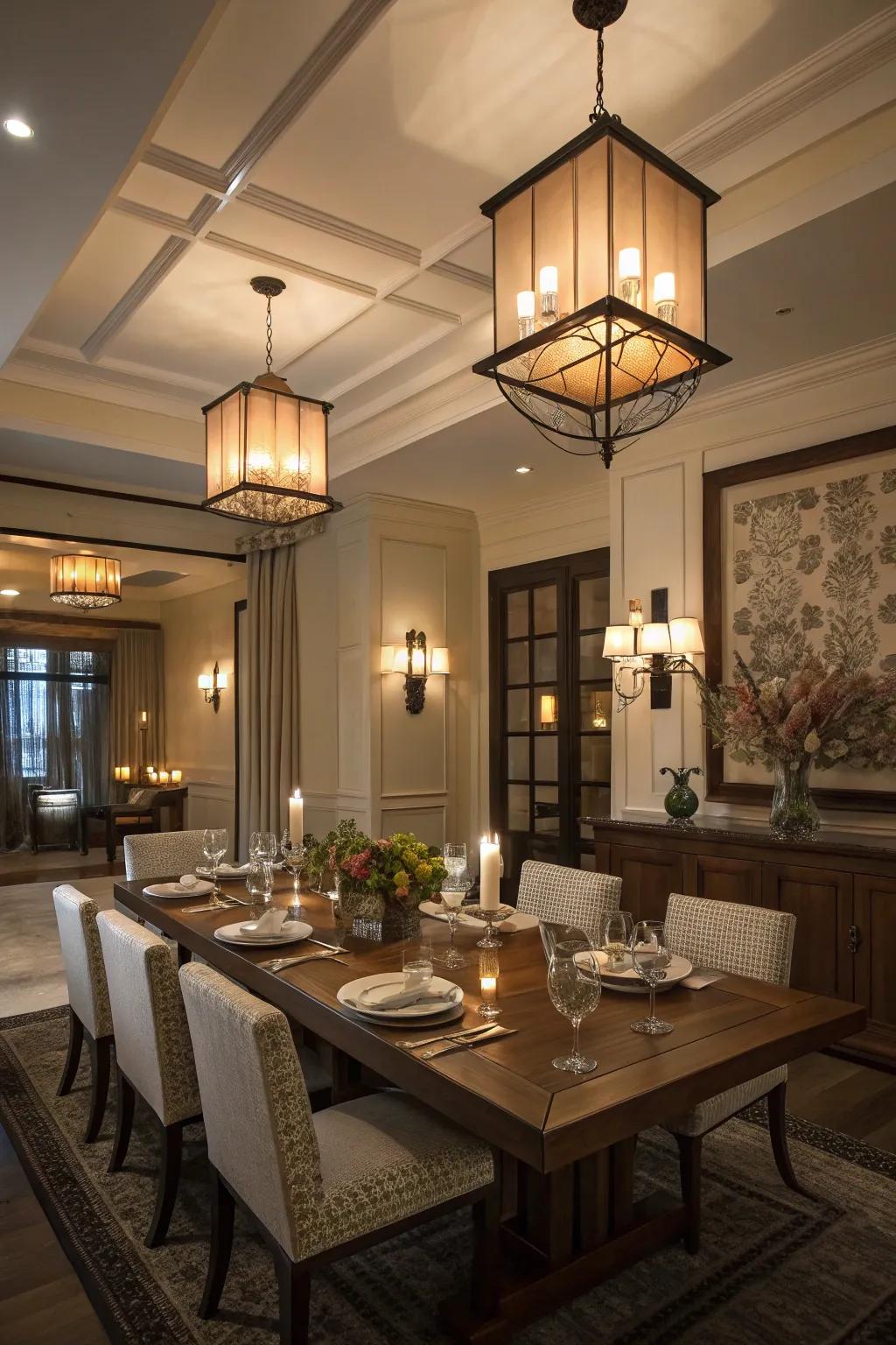 Layered lighting offers versatility and depth to your romantic dining room.