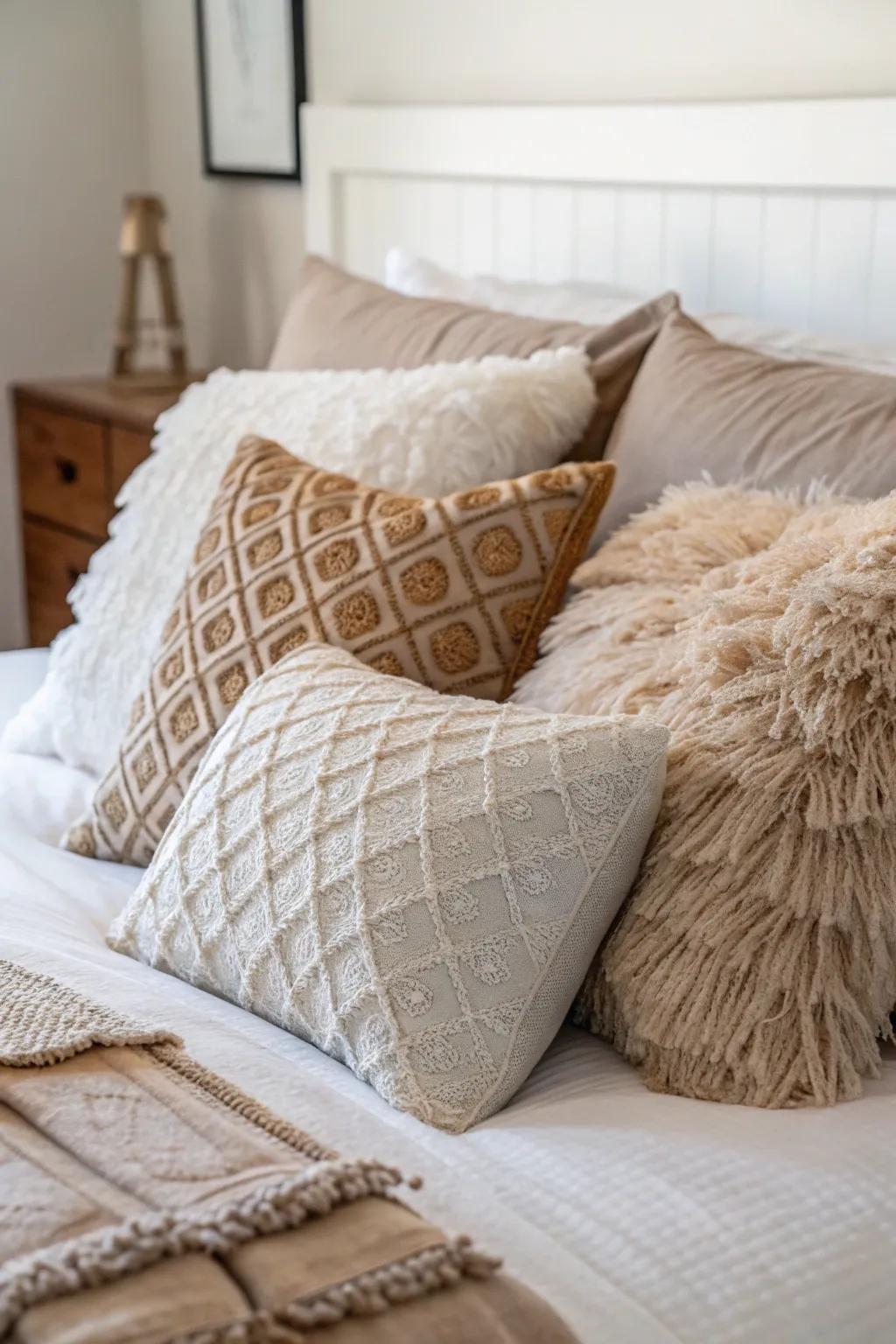 Decorative cushions contribute color and texture, fashioning a sumptuous and inviting bed.