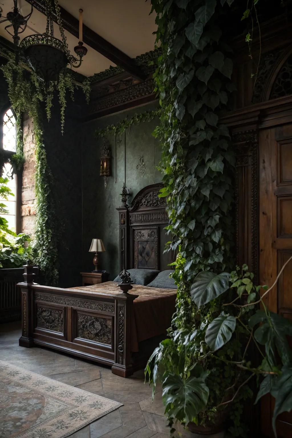 Plants introduce a refreshing gothic twist to the décor.