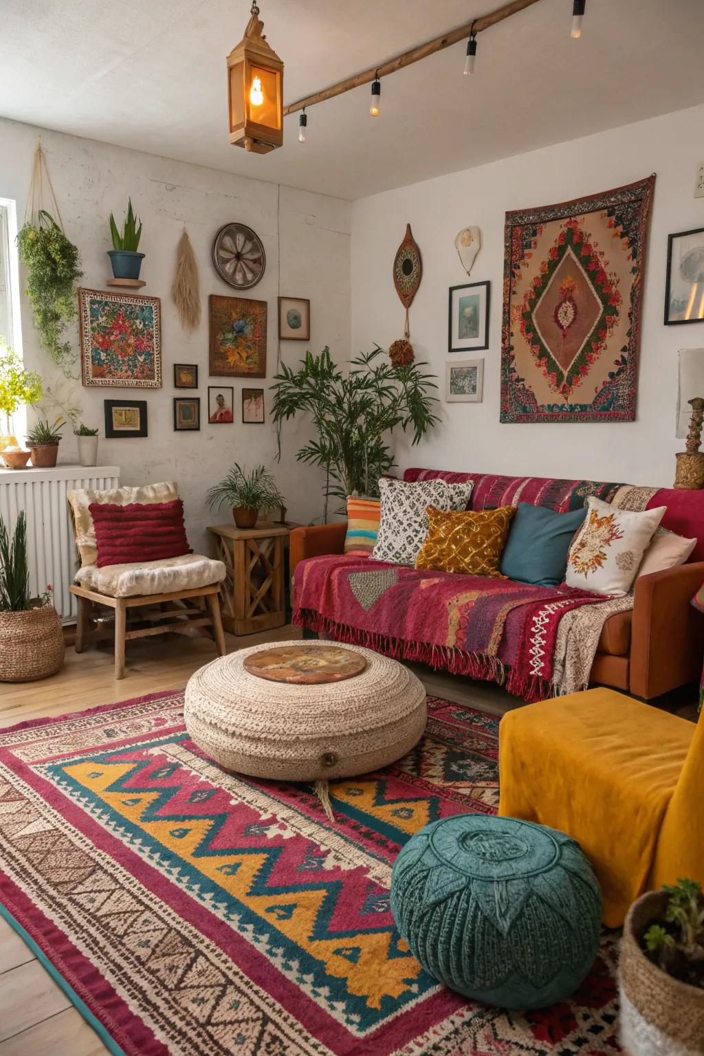 A bohemian living room bathed in free-spirited colors and vibrant style, creating a space that celebrates individuality and joy.