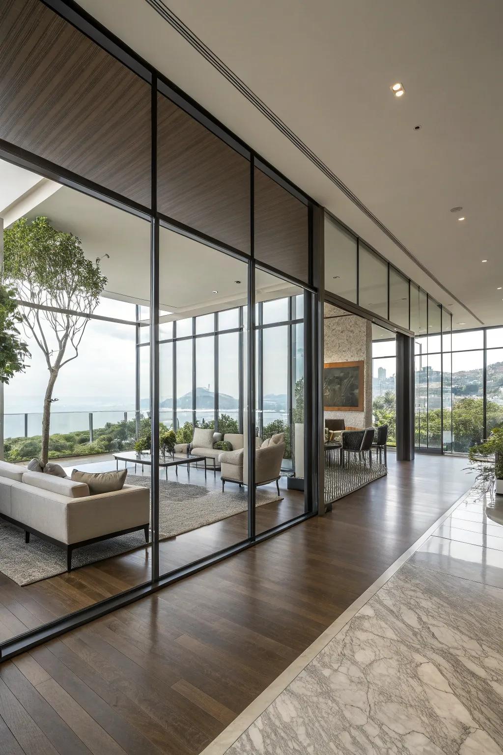 Slightly opaque glass walls divide spaces while letting natural light illuminate the area.