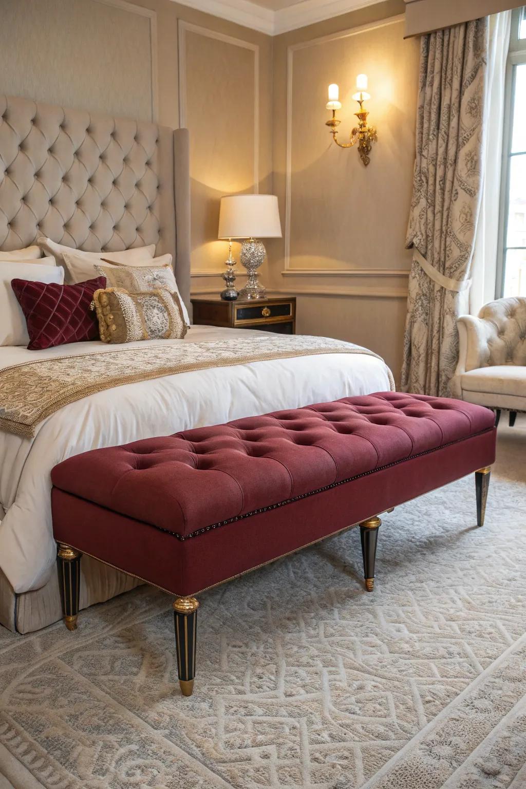 A wine-dark upholstered seat includes seating and style to the bedroom.