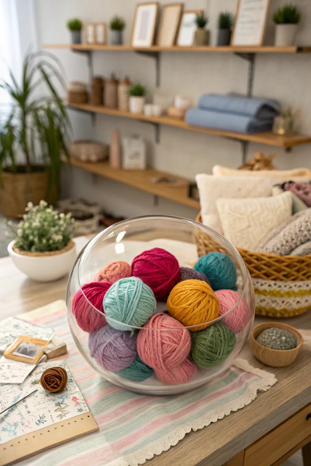 Thread spheres nested in a glass bowl engender a welcoming and inviting ambiance.