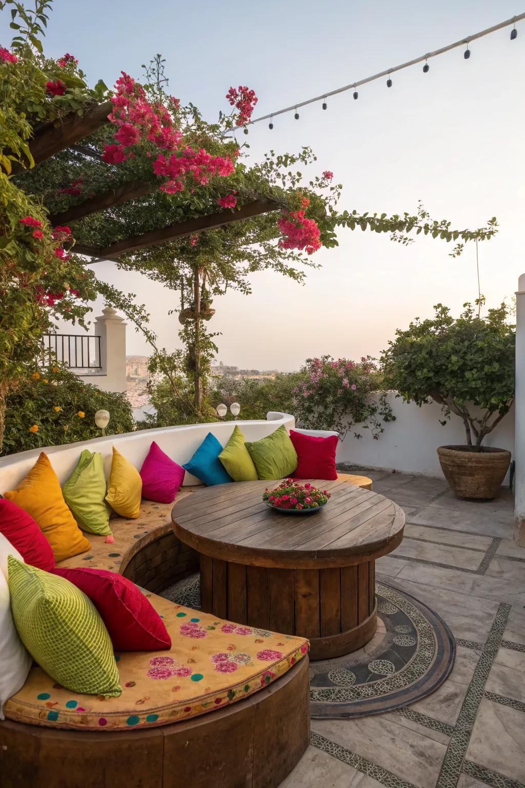 Contrasting colors add vibrancy to this round patio.