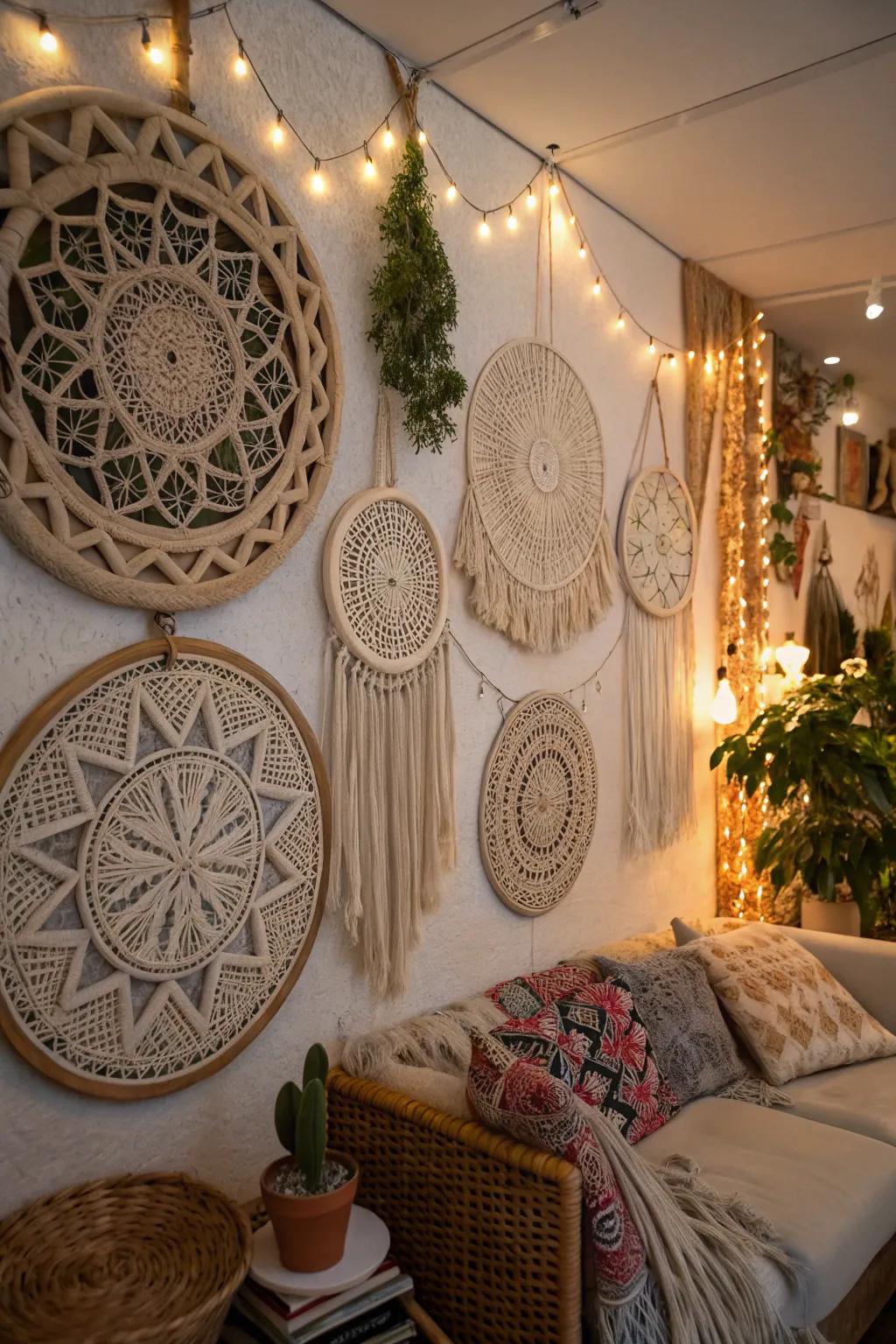 A Bohemian-style room with circular macramé wall hangings enriching the texture.
