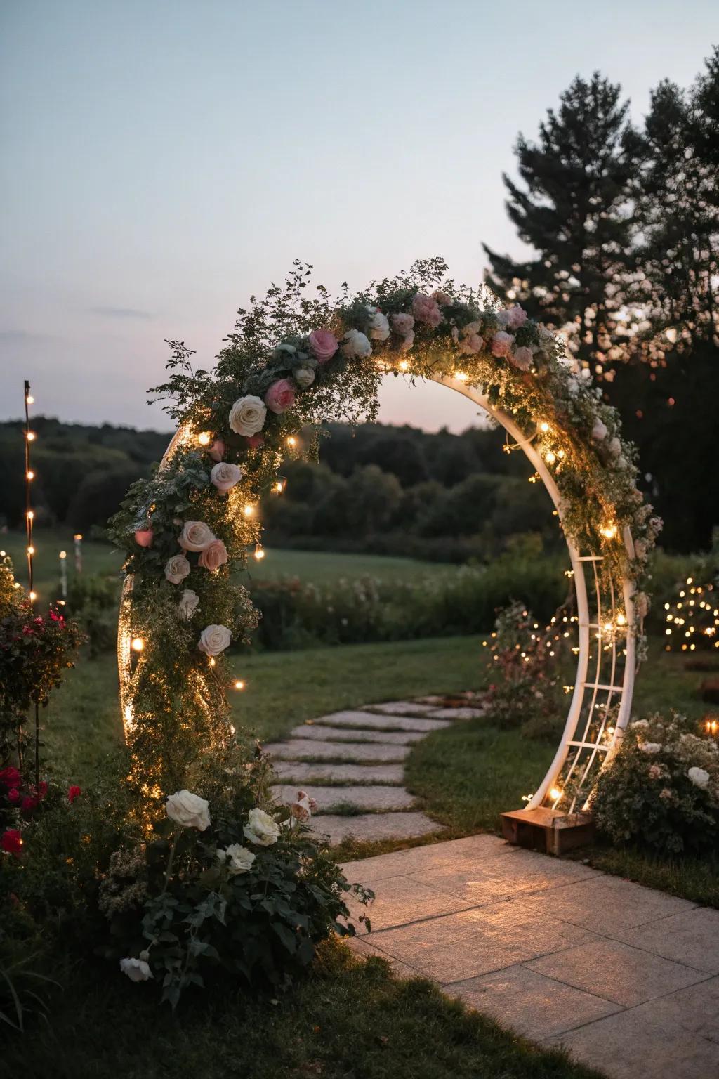 A fairy tale circular wedding arch featuring enchanting illumination.