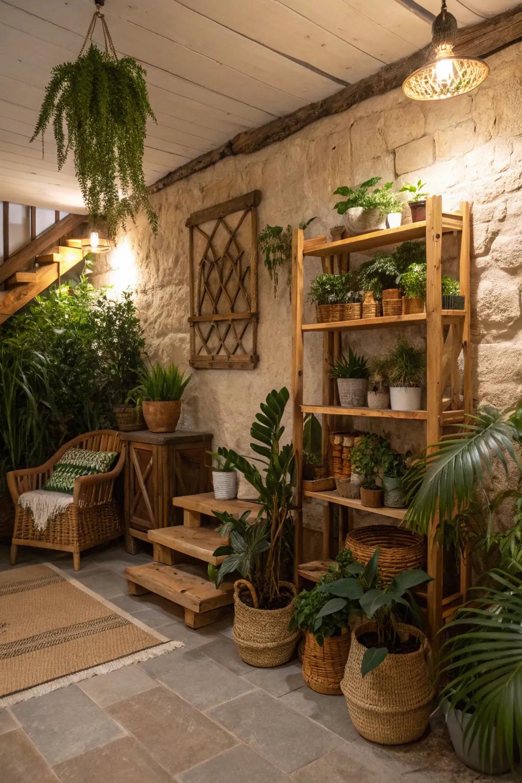 Houseplants bring life and color to a rustic basement.
