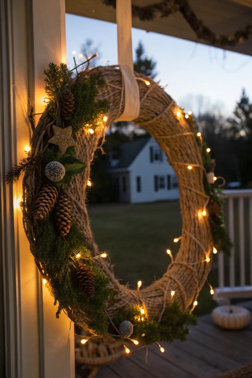 String and diodes conjure a bewitching radiance upon this wreath.
