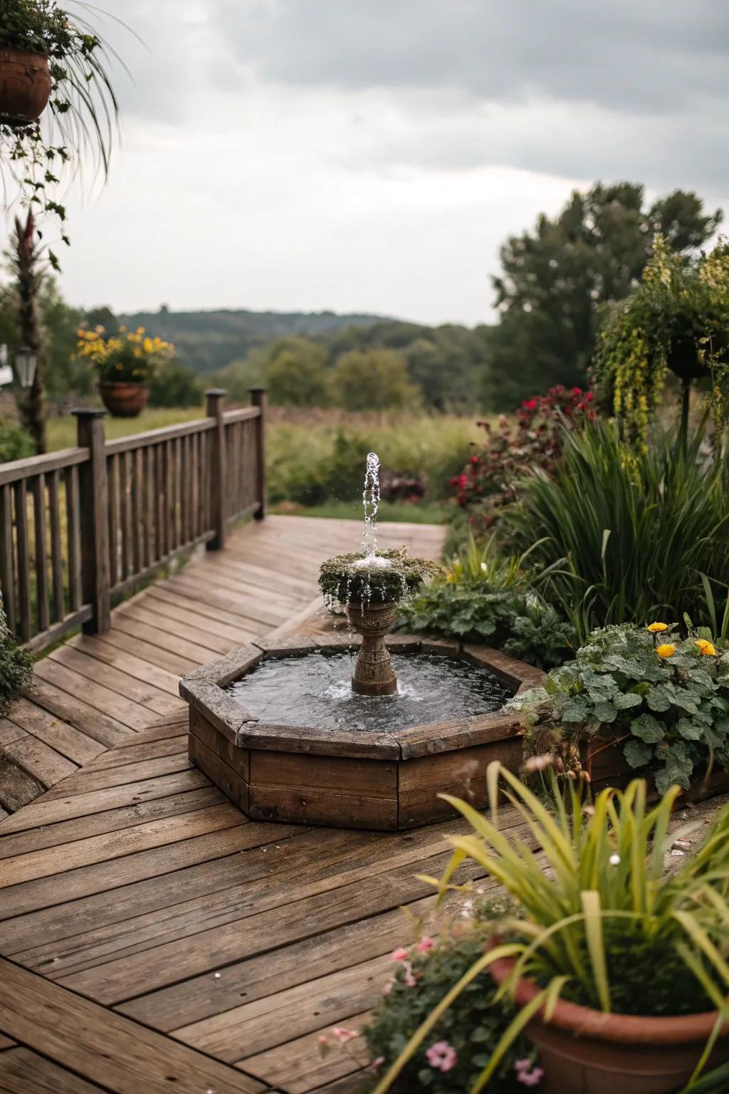 A water feature adds tranquility and charm to this patio.