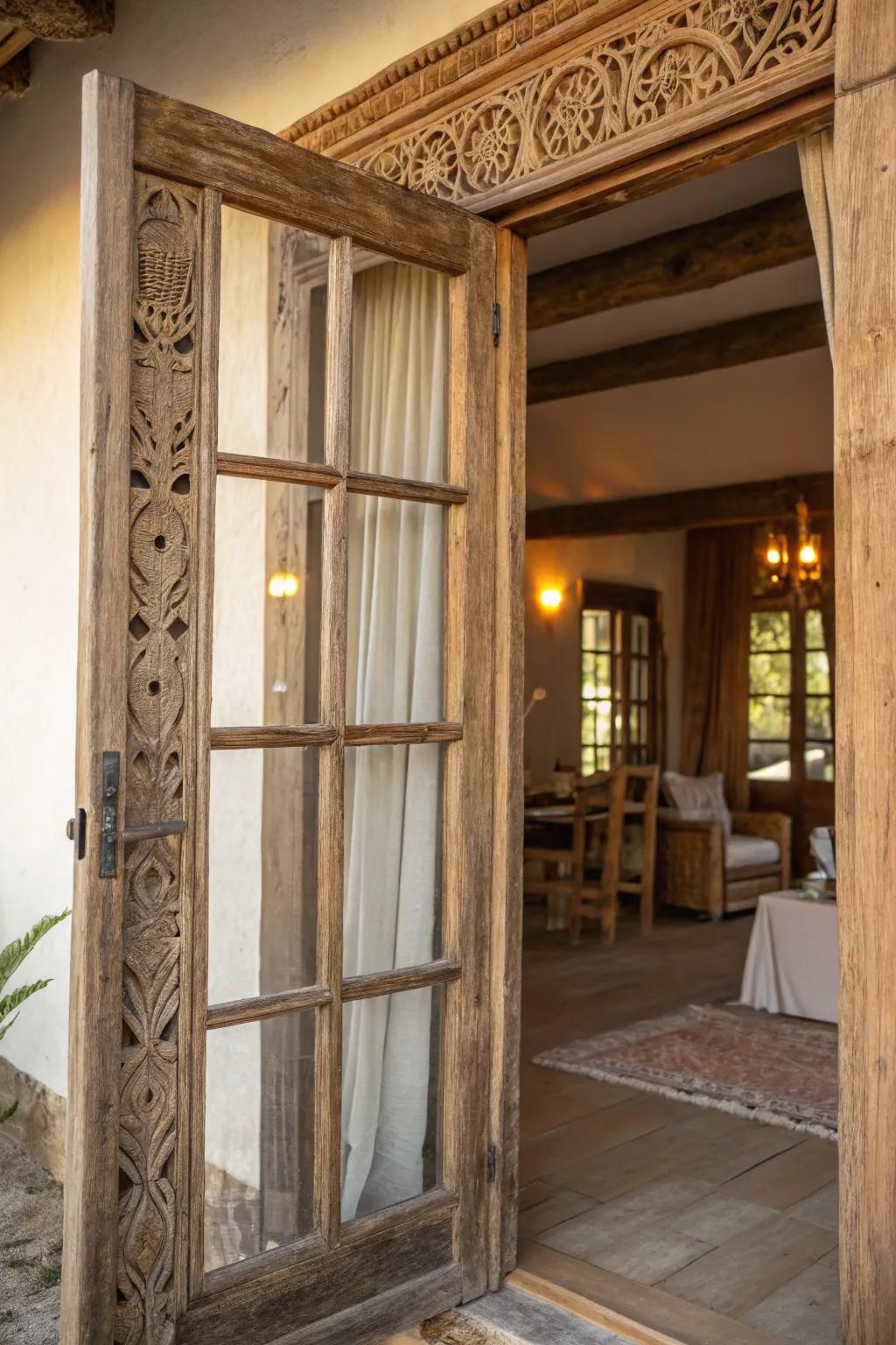 A country door trim with glass panes, enhancing natural light and texture.