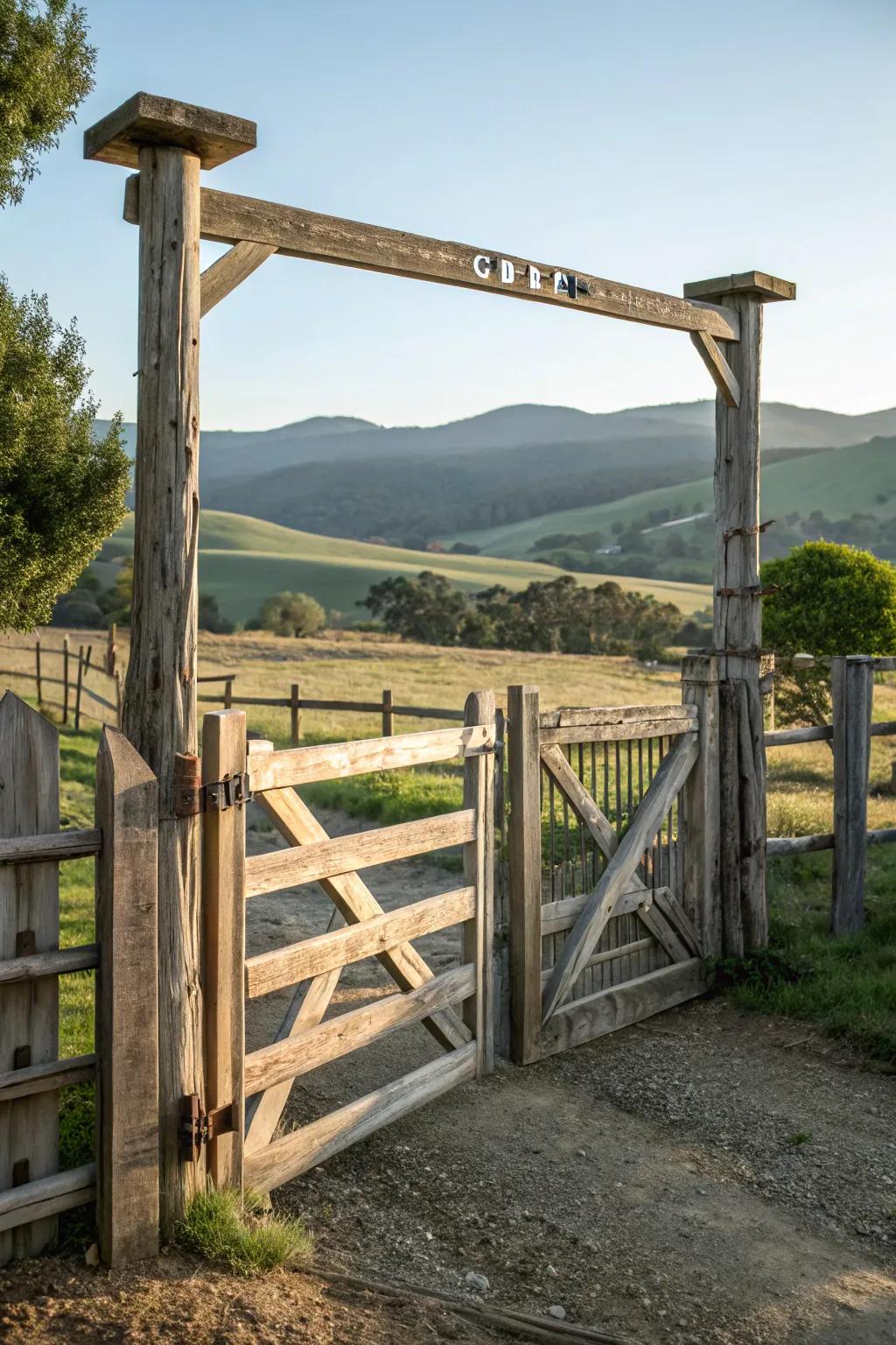 A refined farm gate fashioned from cedar timber.