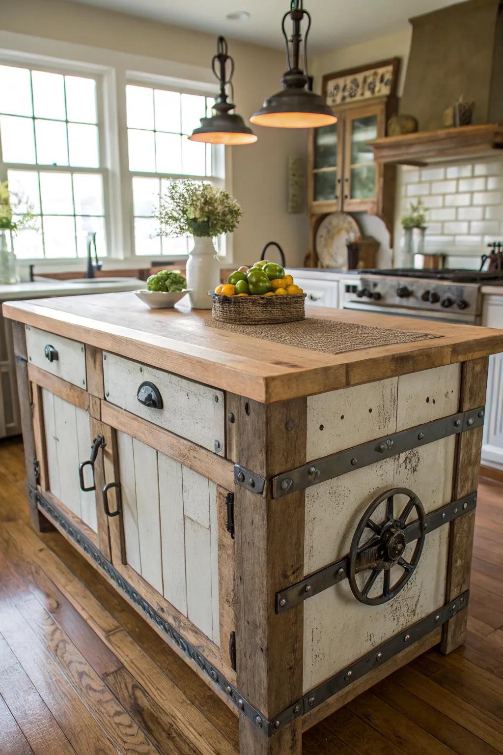 A farmhouse kitchen island with distressed metal whispers for an industrial touch.