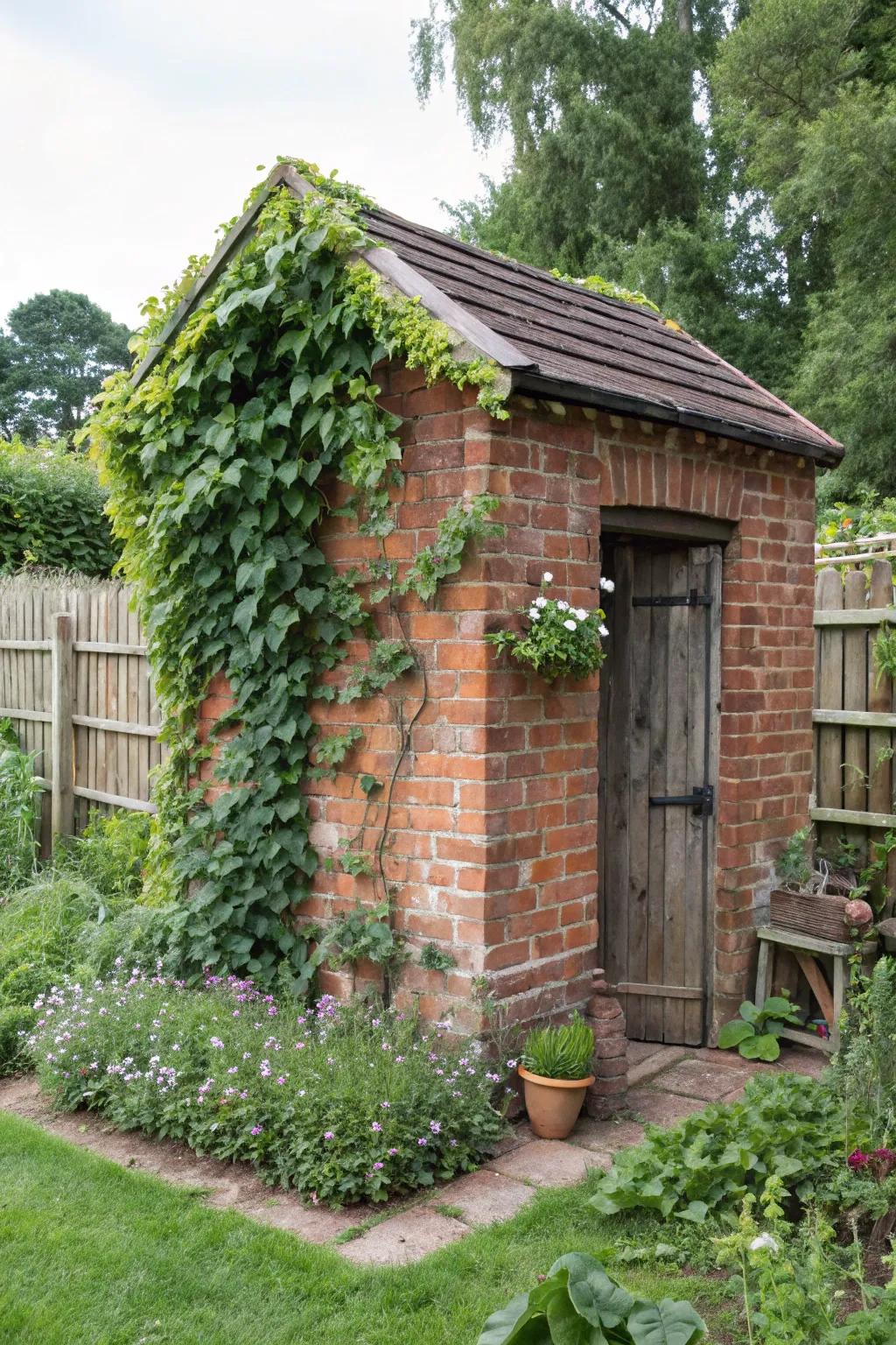 A picturesque brick outbuilding adorned with climbing vines.