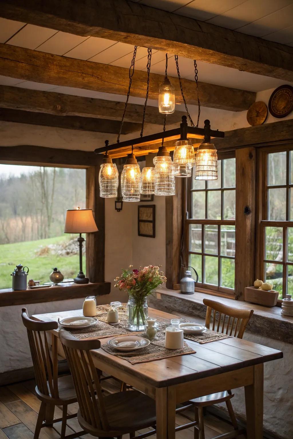 A Pot chandelier introduces country charm to this morning area.
