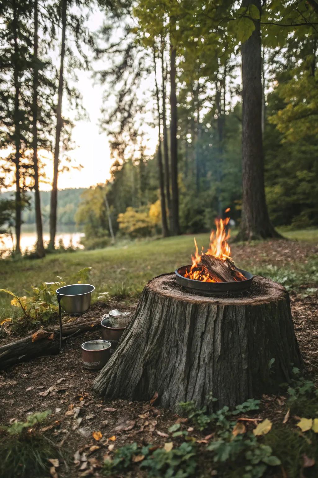 A tree stump base blends nature with countryside design.