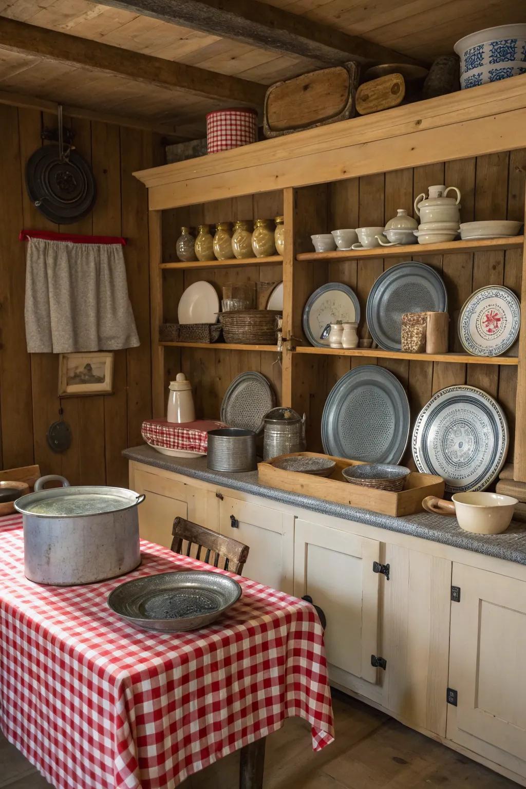 Vintage accents like coated metalware add charm and practicality.