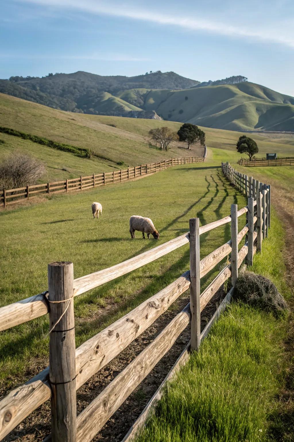 A rail fence enclosing a small livestock area adds rural charm.