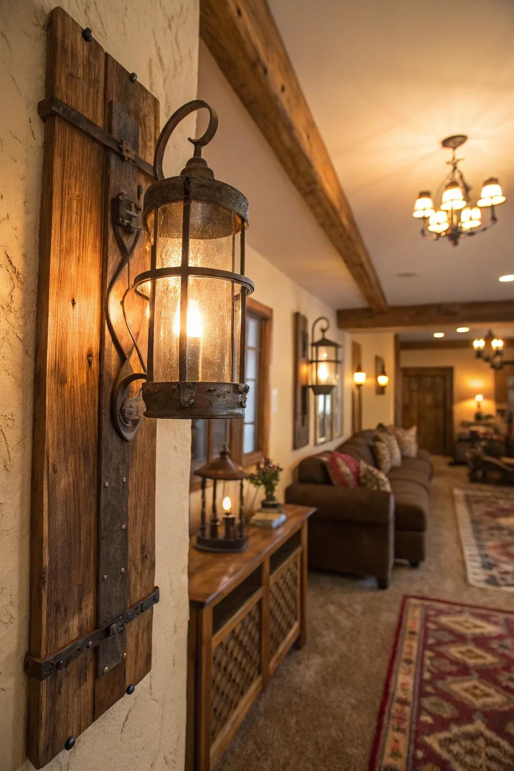 Country wall sconces introduce warmth and atmosphere to a cozy room setting.