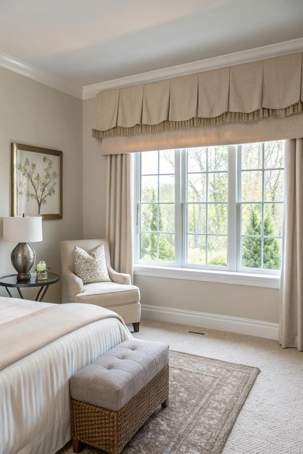 A minimalist guest room enhanced by a plain canvas valance.