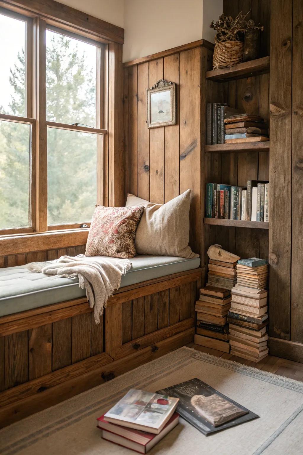 Fashion a snug reading alcove through countryside paneling and cozy seating.