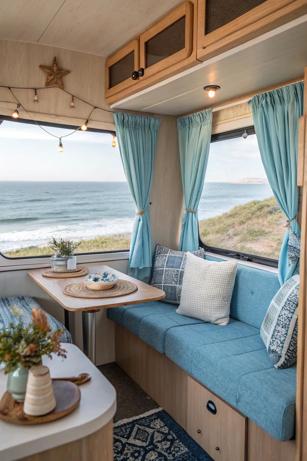 A coastal chromatic configuration engenders an atmosphere of both novelty and repose within this recreational vehicle.