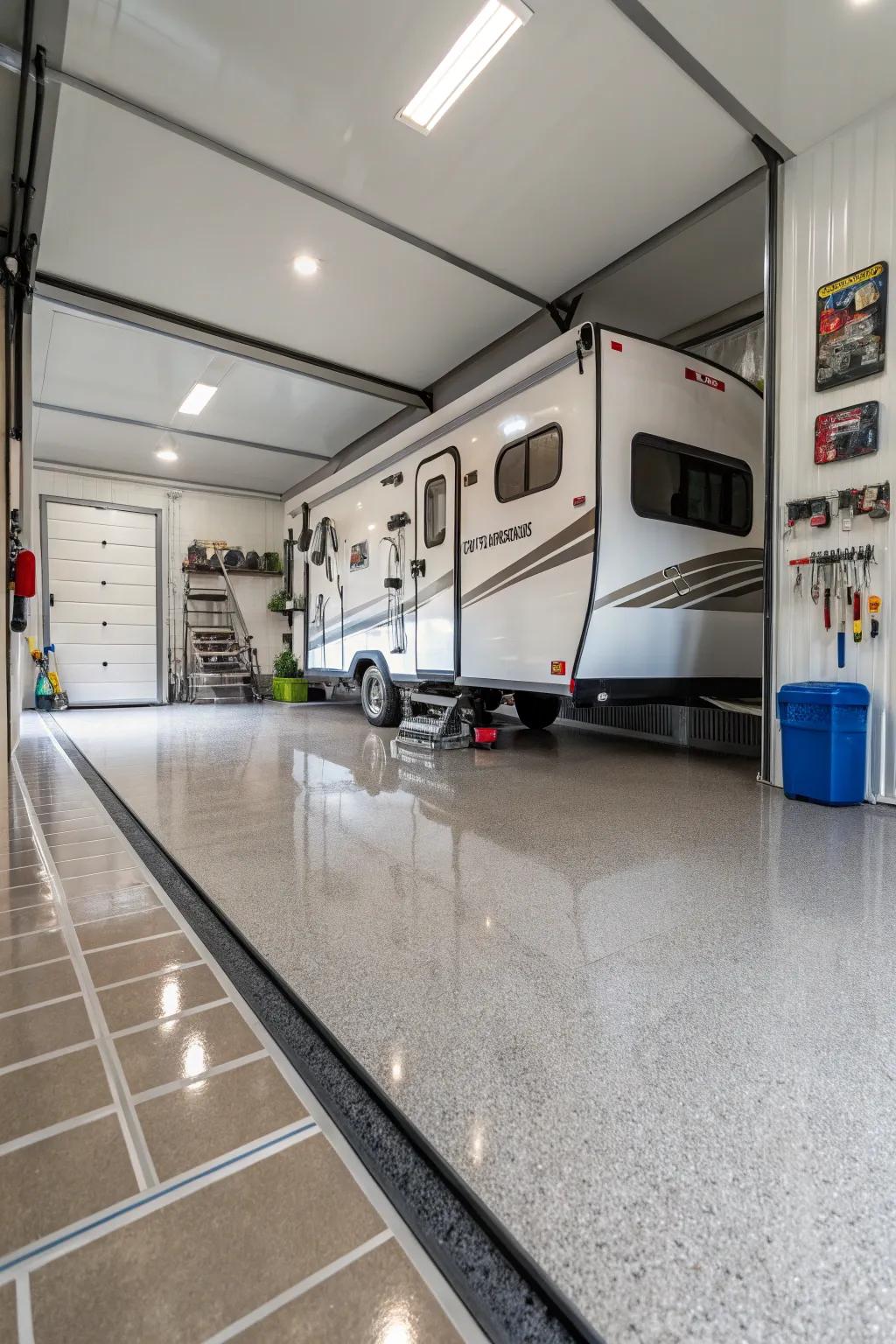 Durable epoxy ground covering in an RV garage for a clean and refined look.