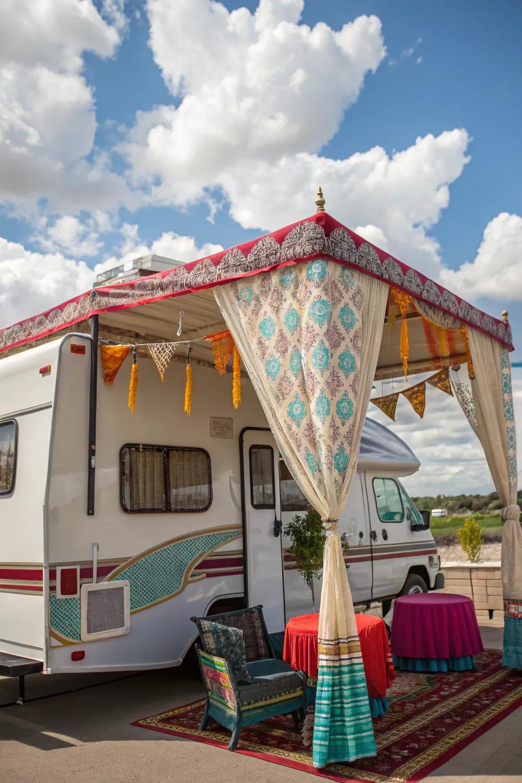 A charming canopy adding flair and shade to RV storage.