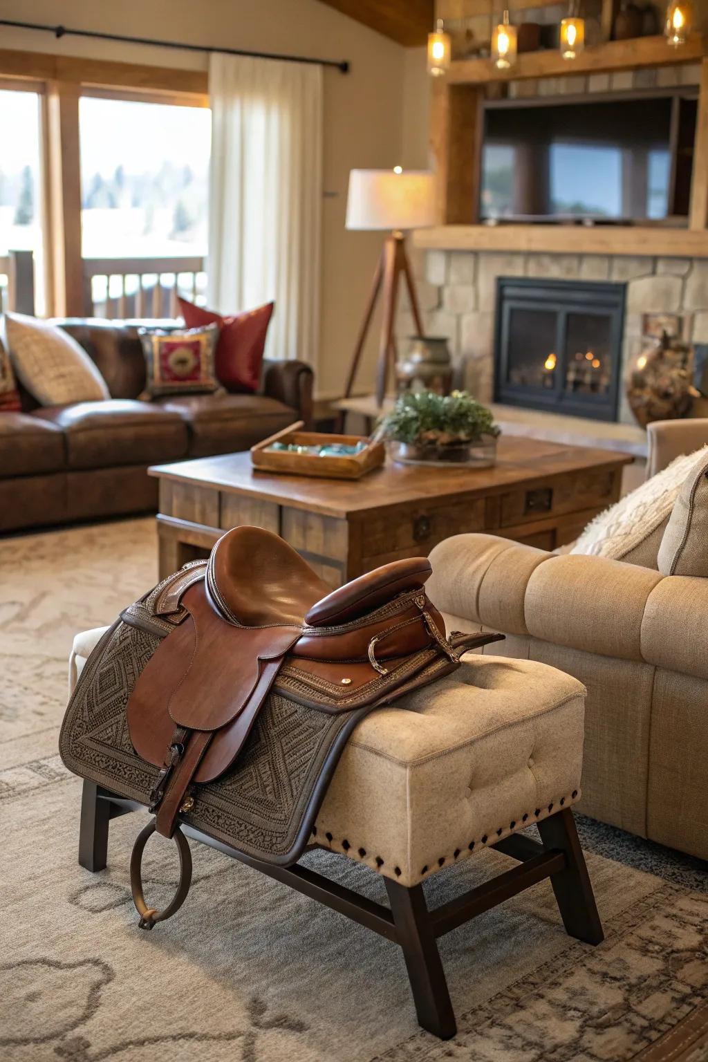 An equine seat footstool introduces a distinctive and comfortable element to this living area.