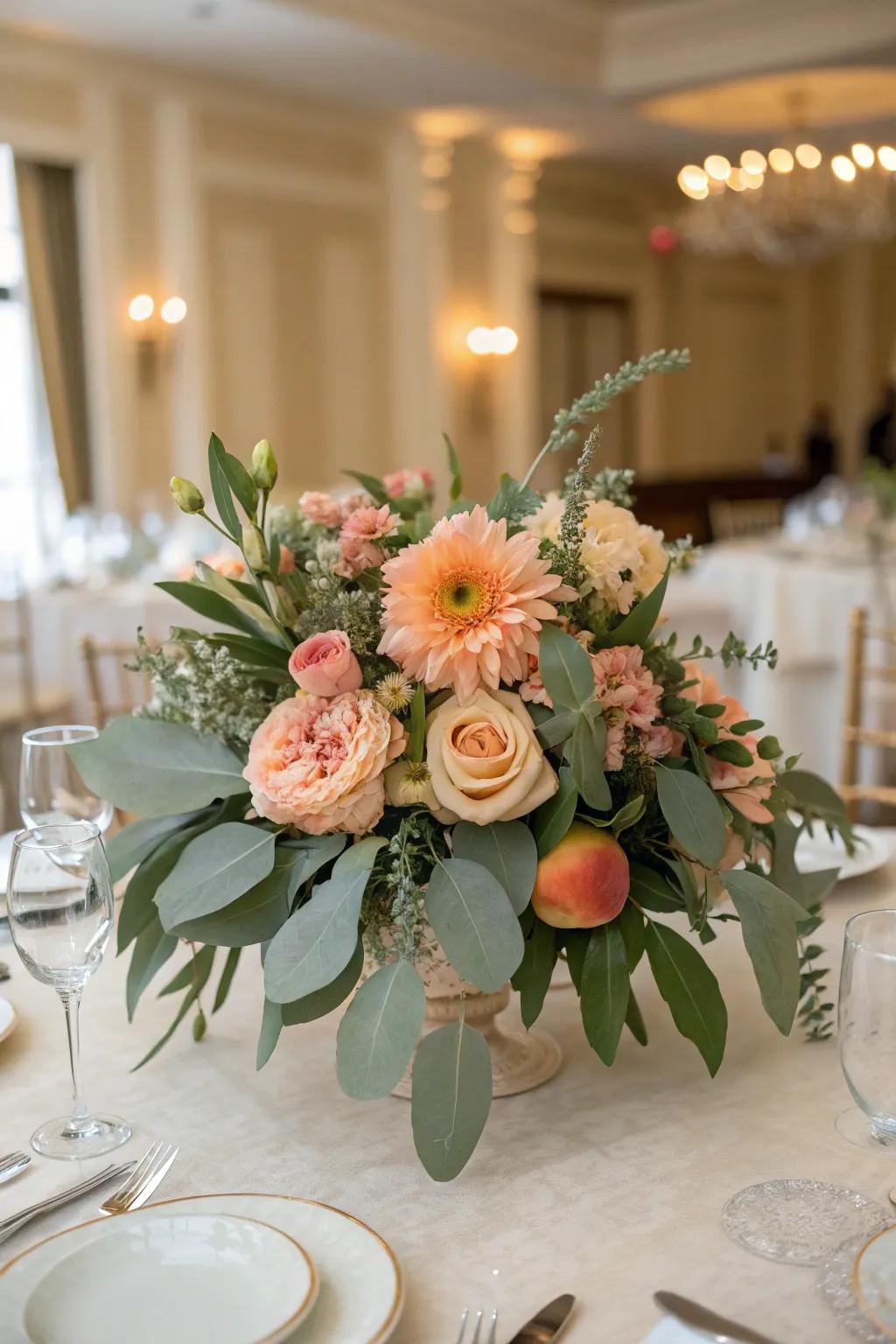 A delightful and fresh centerpiece featuring peach and sage green.