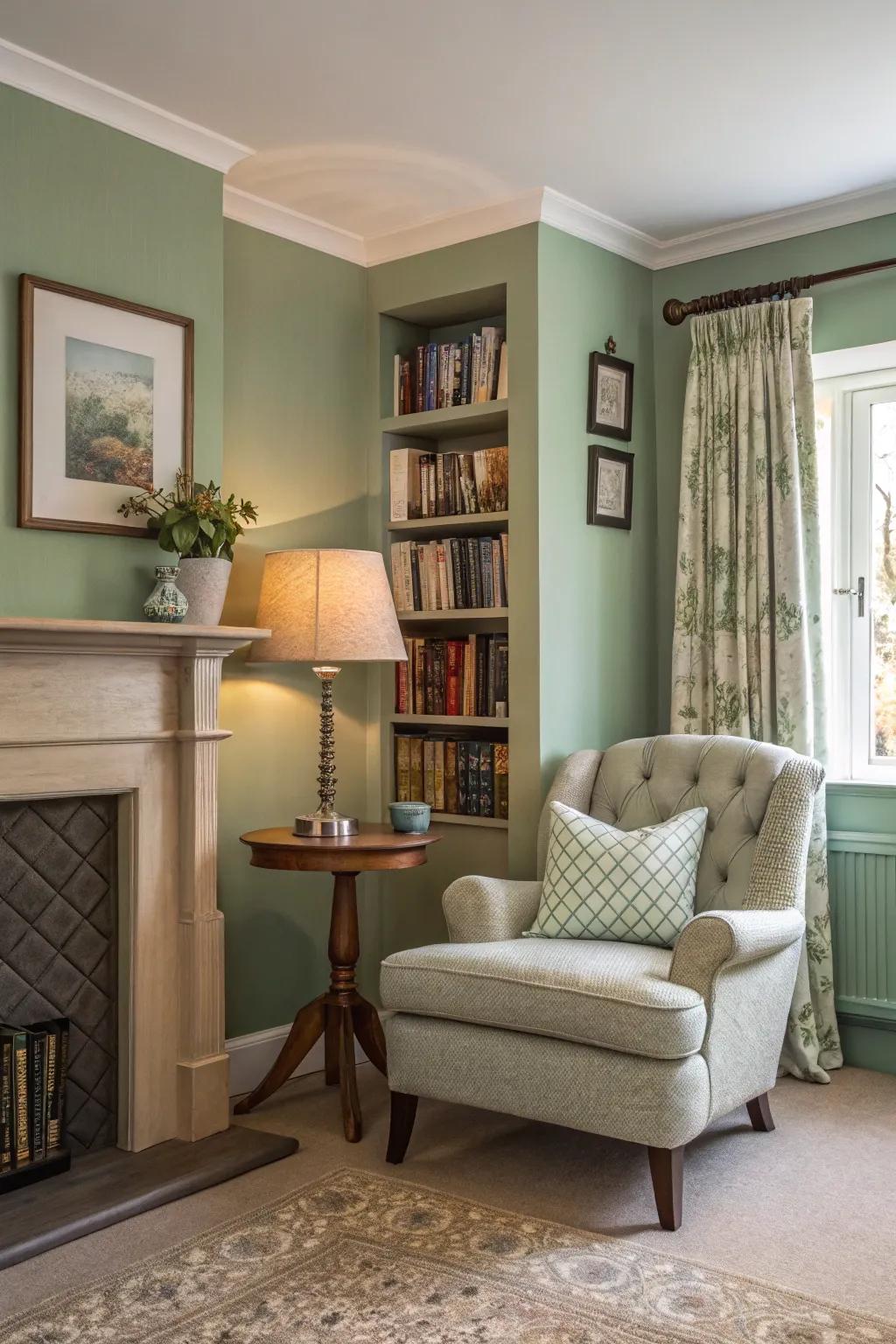 A reading corner furnishes a personal escape within a sage green space.