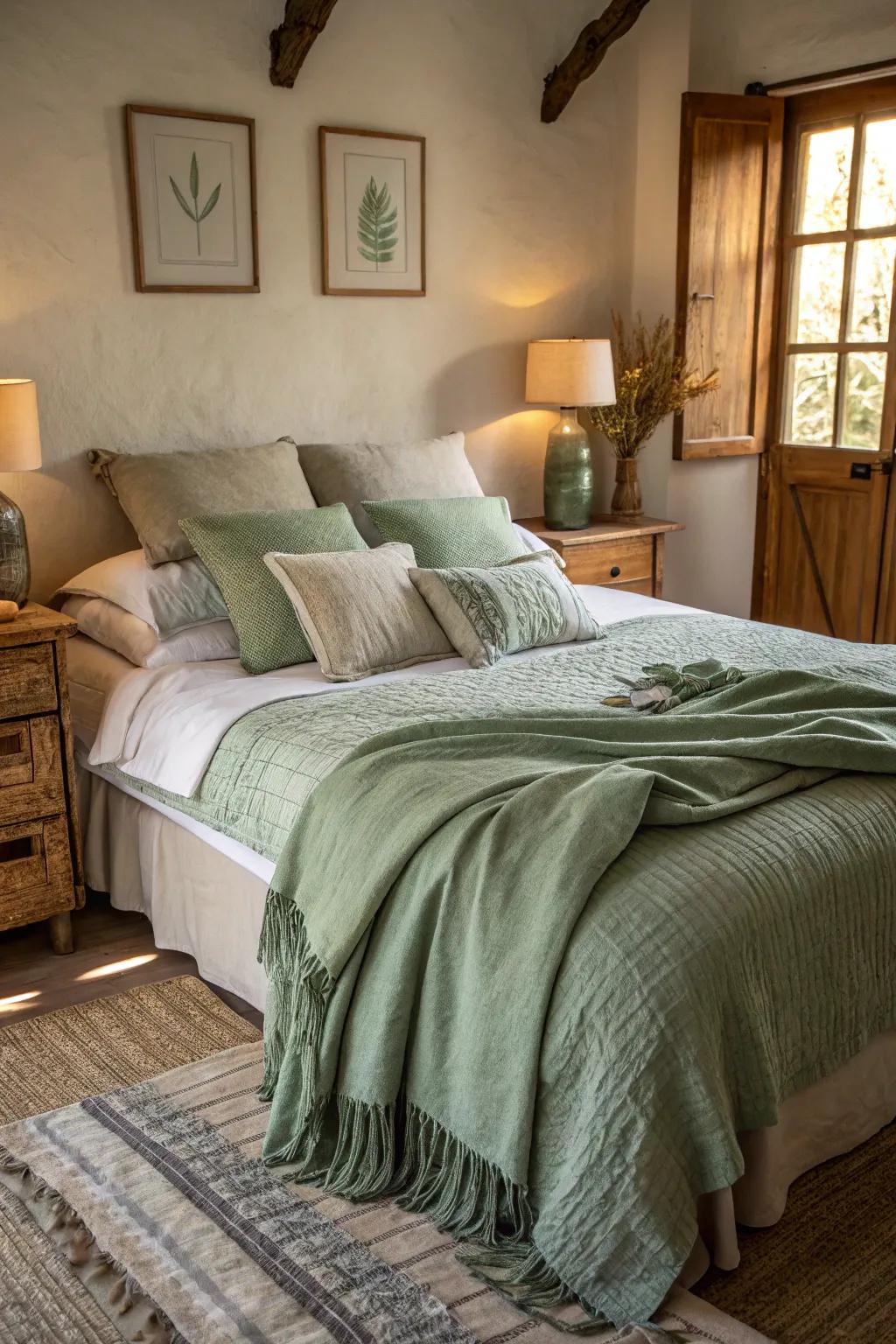 A bedroom featuring graded misty green materials for added warmth.