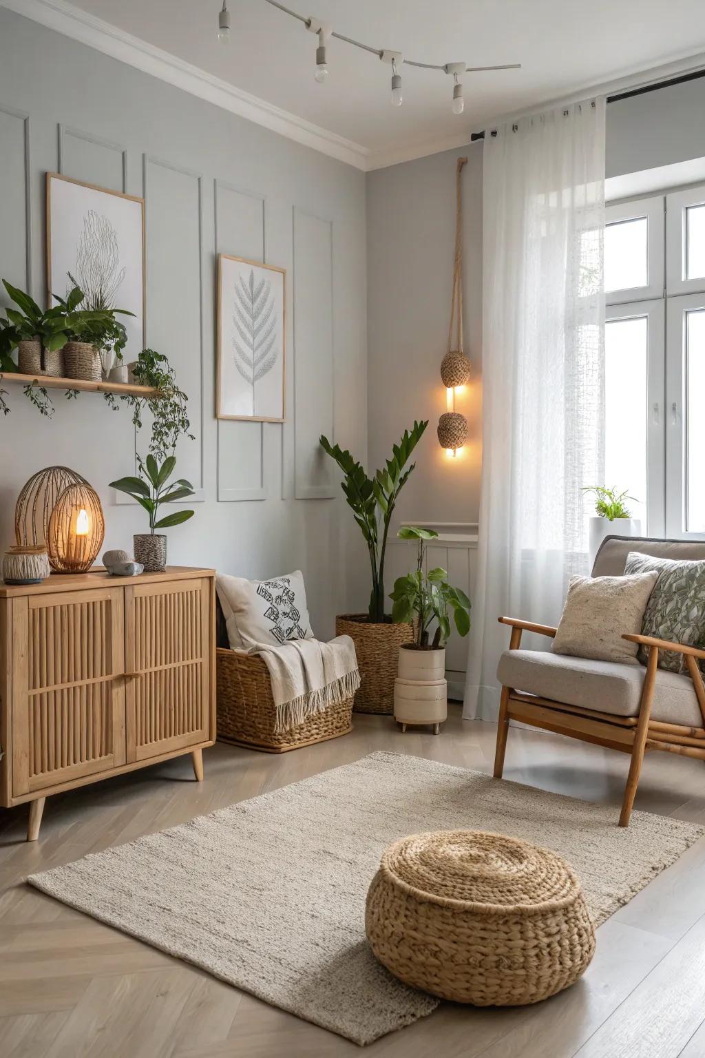 Splashes of color complement the neutral palette in this Scandinavian room.