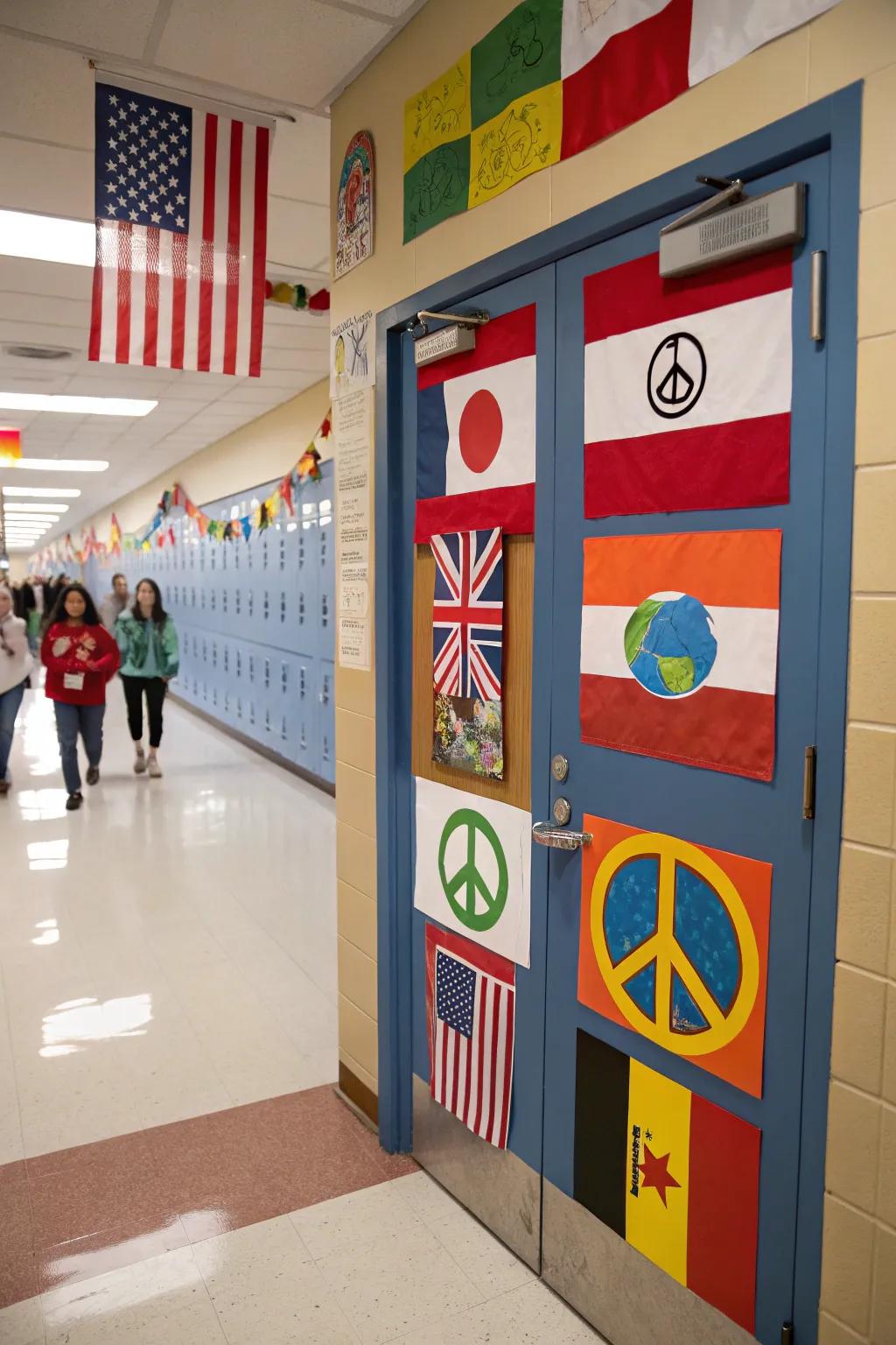 A world-themed school clinic entrance celebrating cultural diversity.