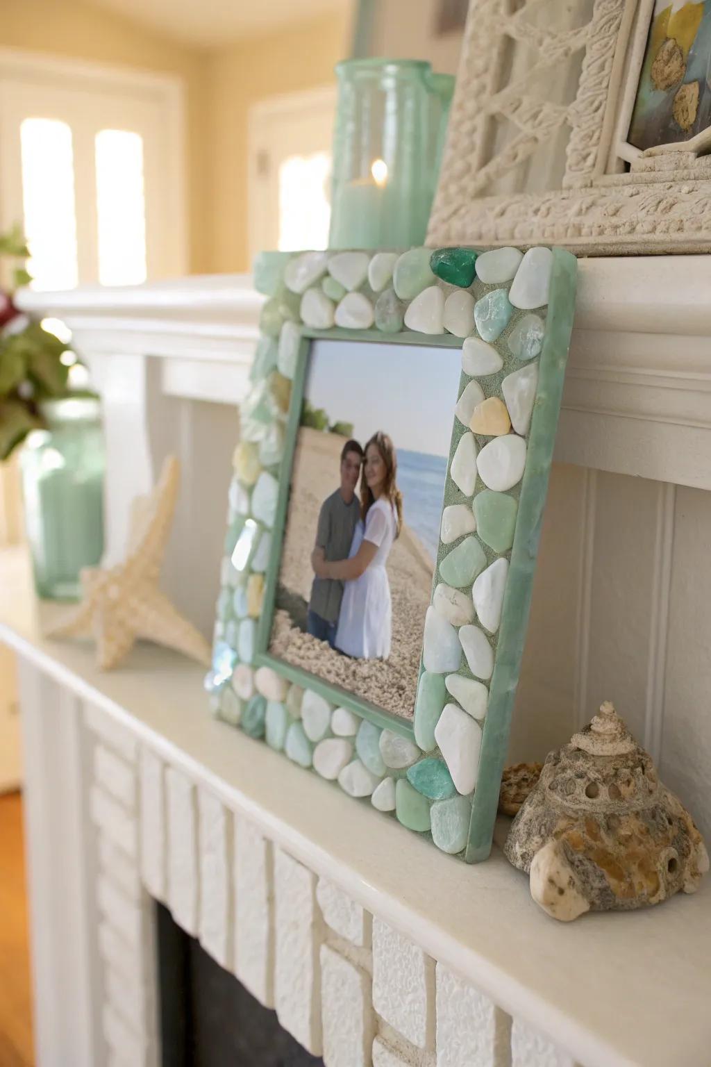 Sea glass photo frames add a beachy touch to cherished memories.