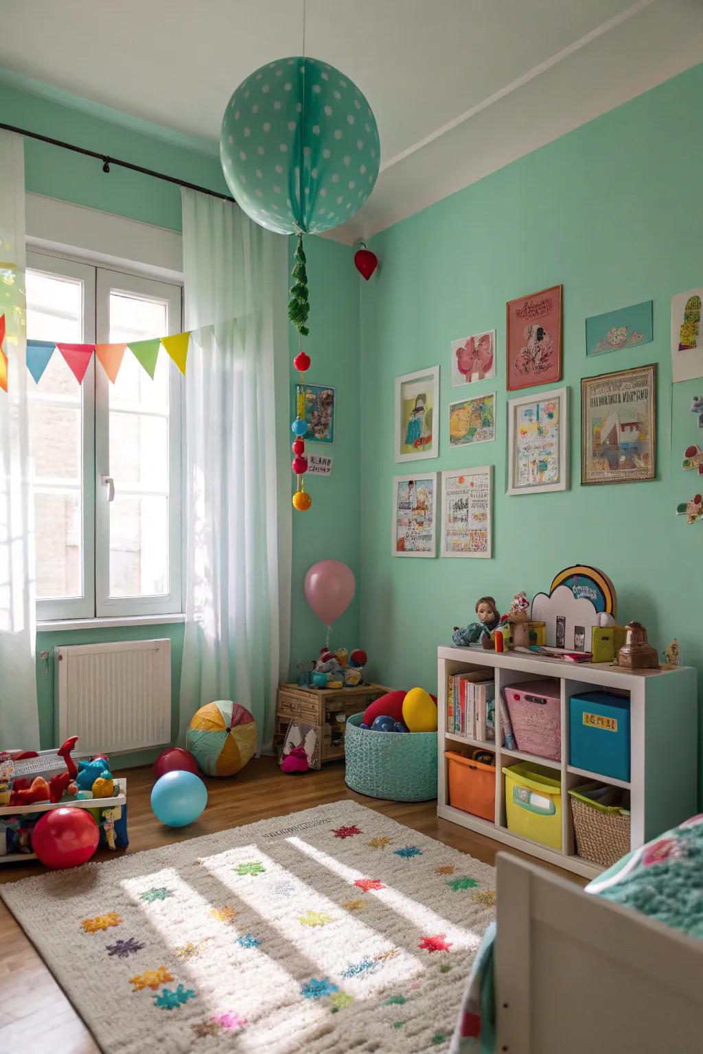 A playful and soothing children's room with seafoam green walls.