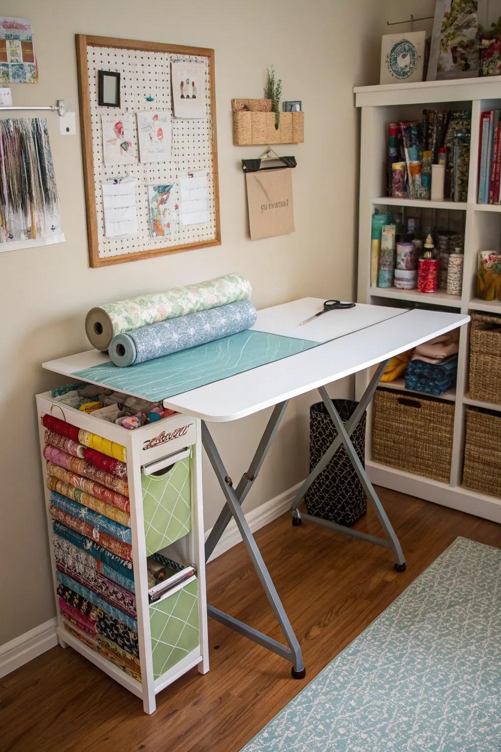 A fold-away desk offers flexible workspace.