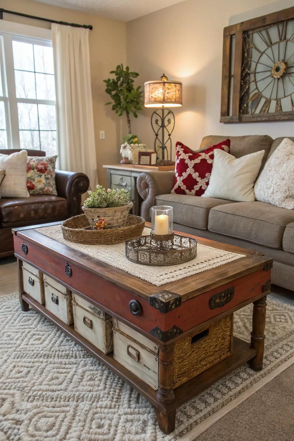 Repurposed furniture adds a unique, creative touch.