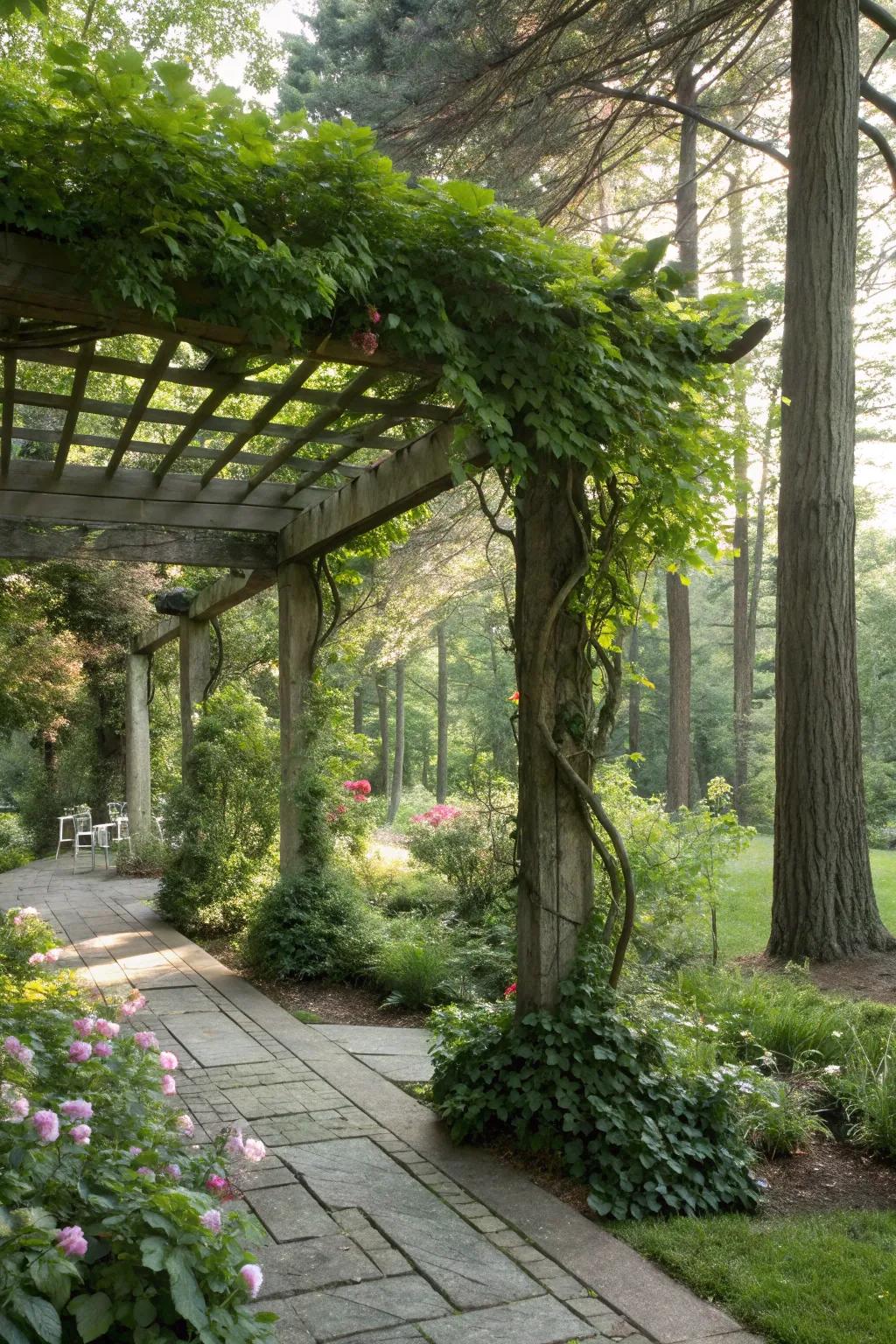 An arbor proffers structure and shade, accentuated by ascending flora.