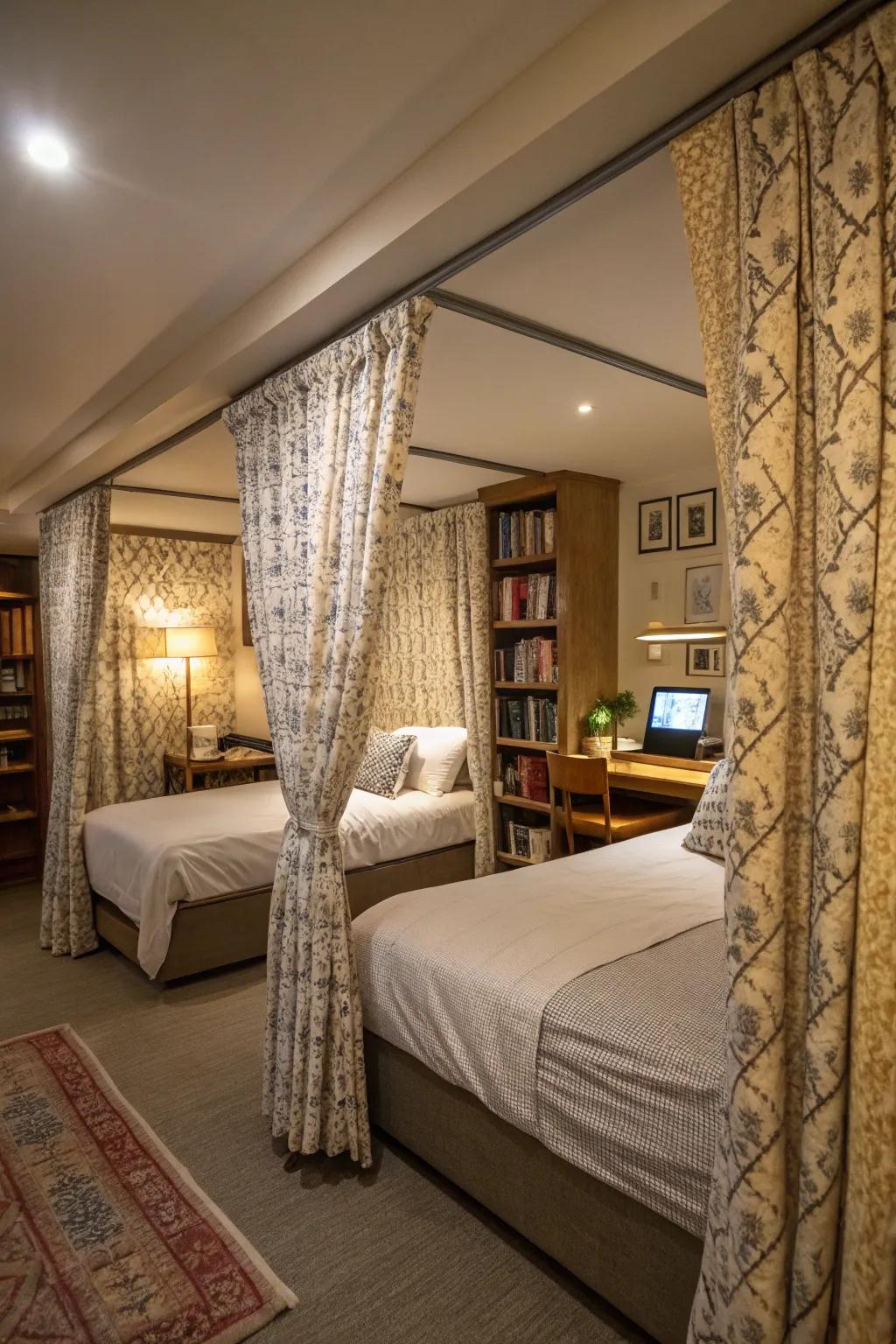 Drapes provide private spaces inside a shared room.