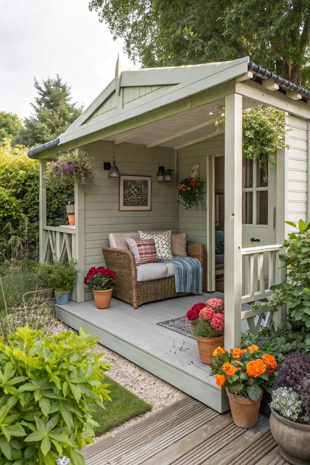 A yard outbuilding featuring a stylish and welcoming veranda.