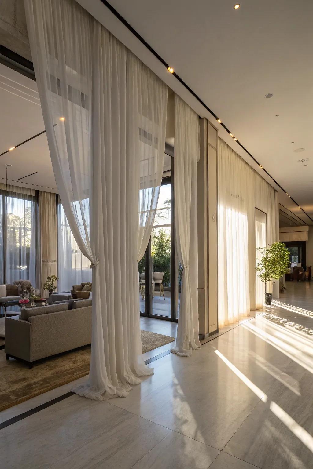 Fine drapes can efficiently divide areas, incorporating functional grace into every area.