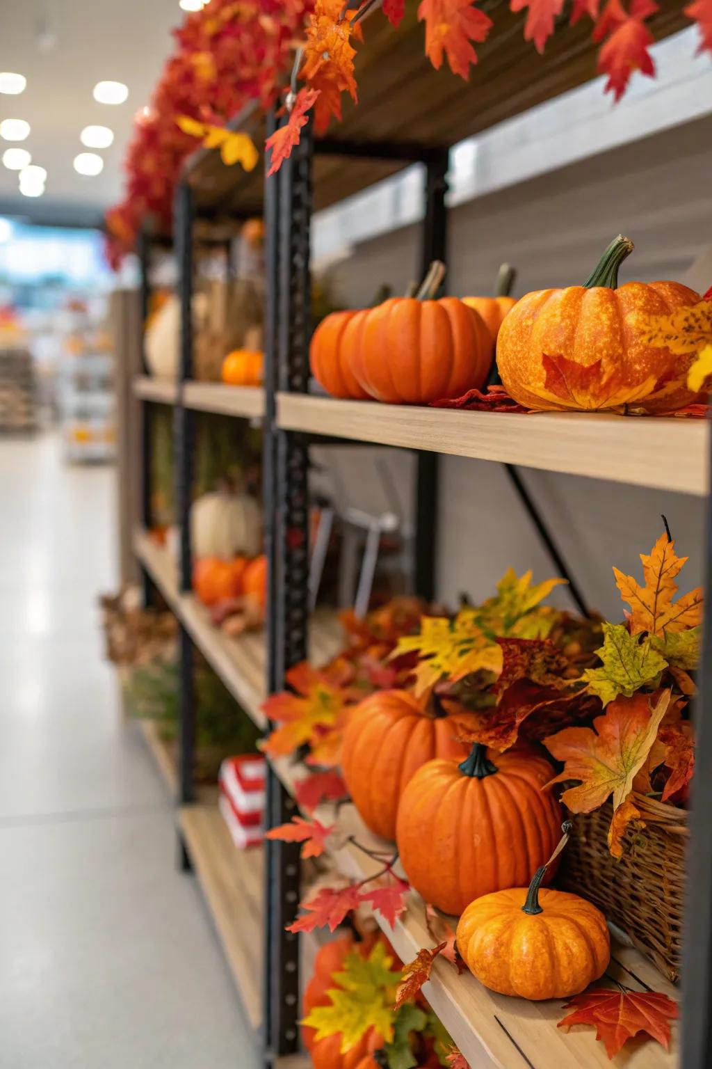 Seasonal elements like gourds and leaves keep the shelf fresh.