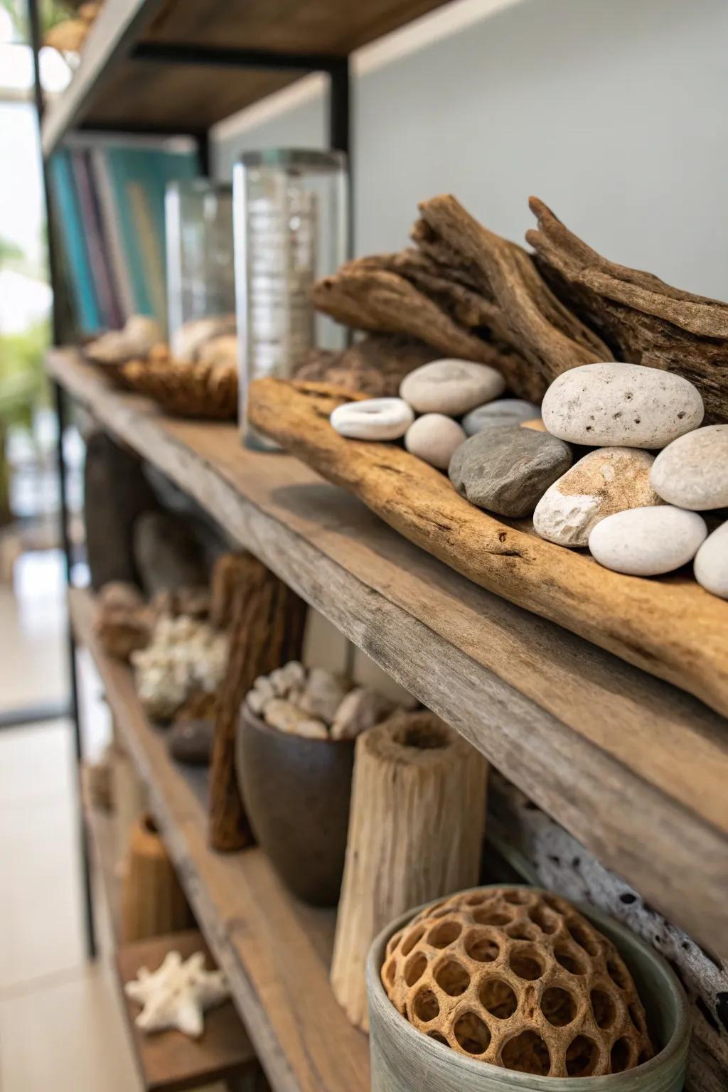 Raw elements append an earthy, organic impression to shelves.