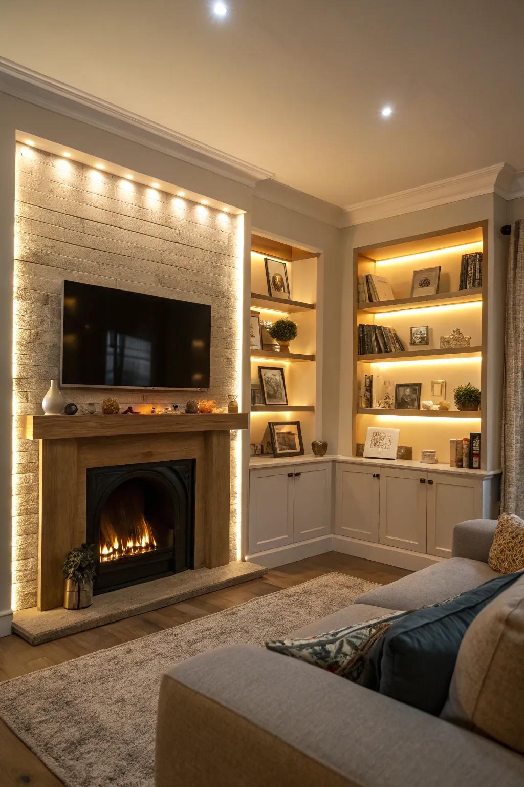Ambient lighting highlights the decor and adds warmth.