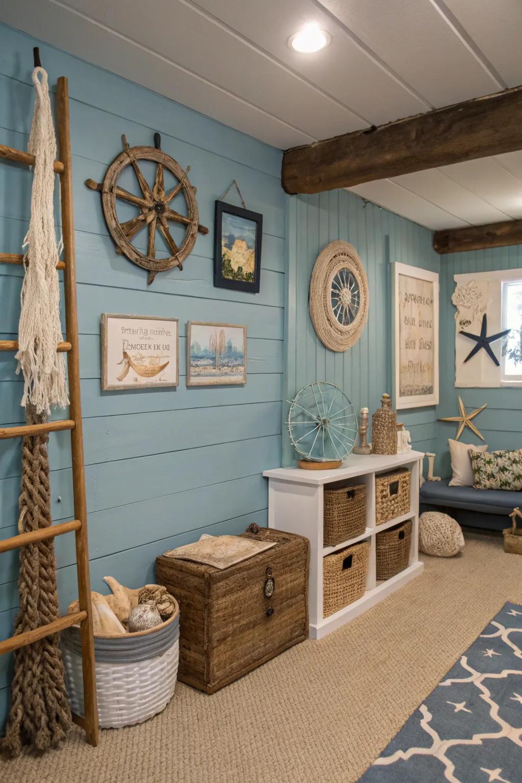 A coastal-inspired basement enhanced with blue board and batten walls.