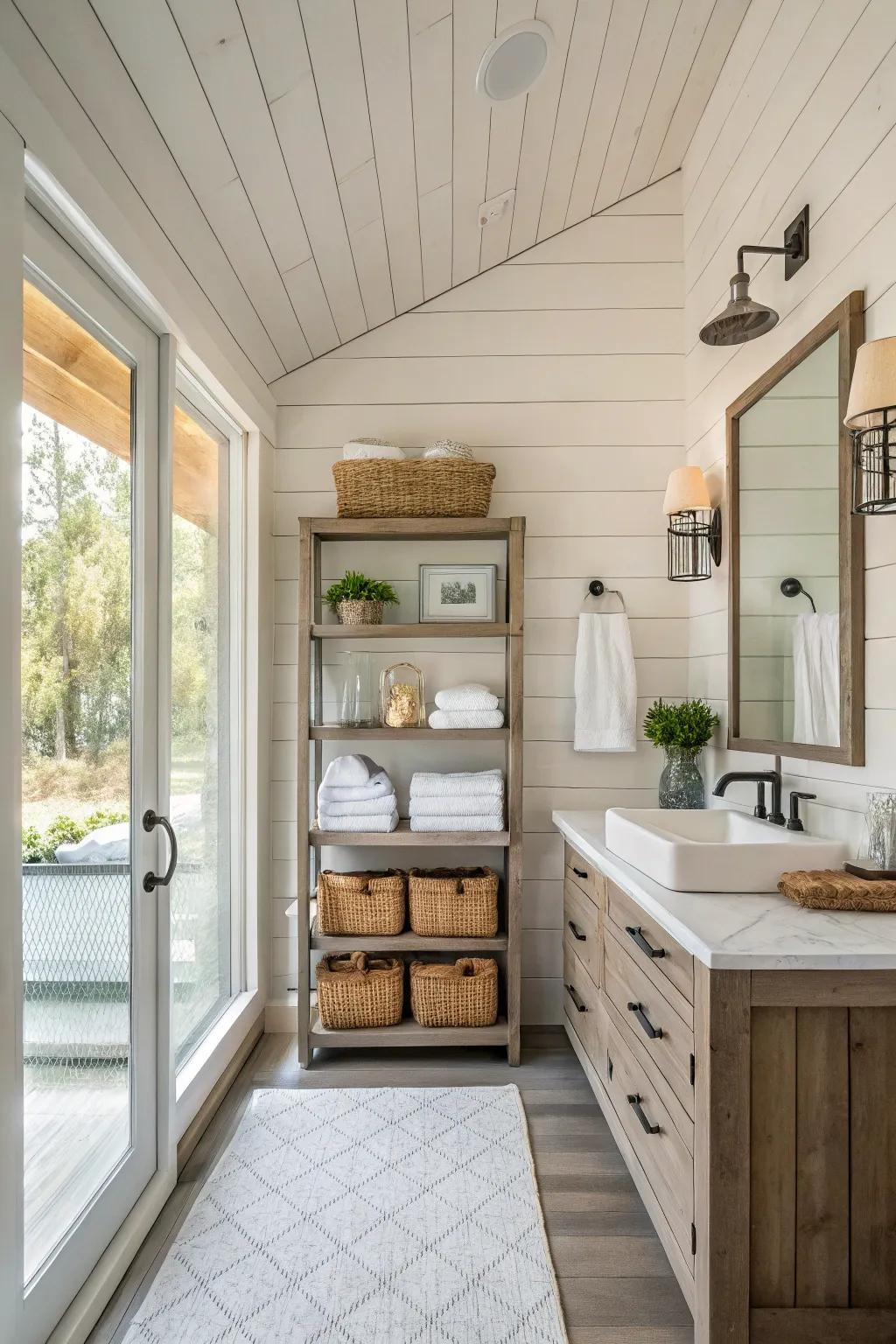 A bathroom featuring panel walls and exposed shelving for display.