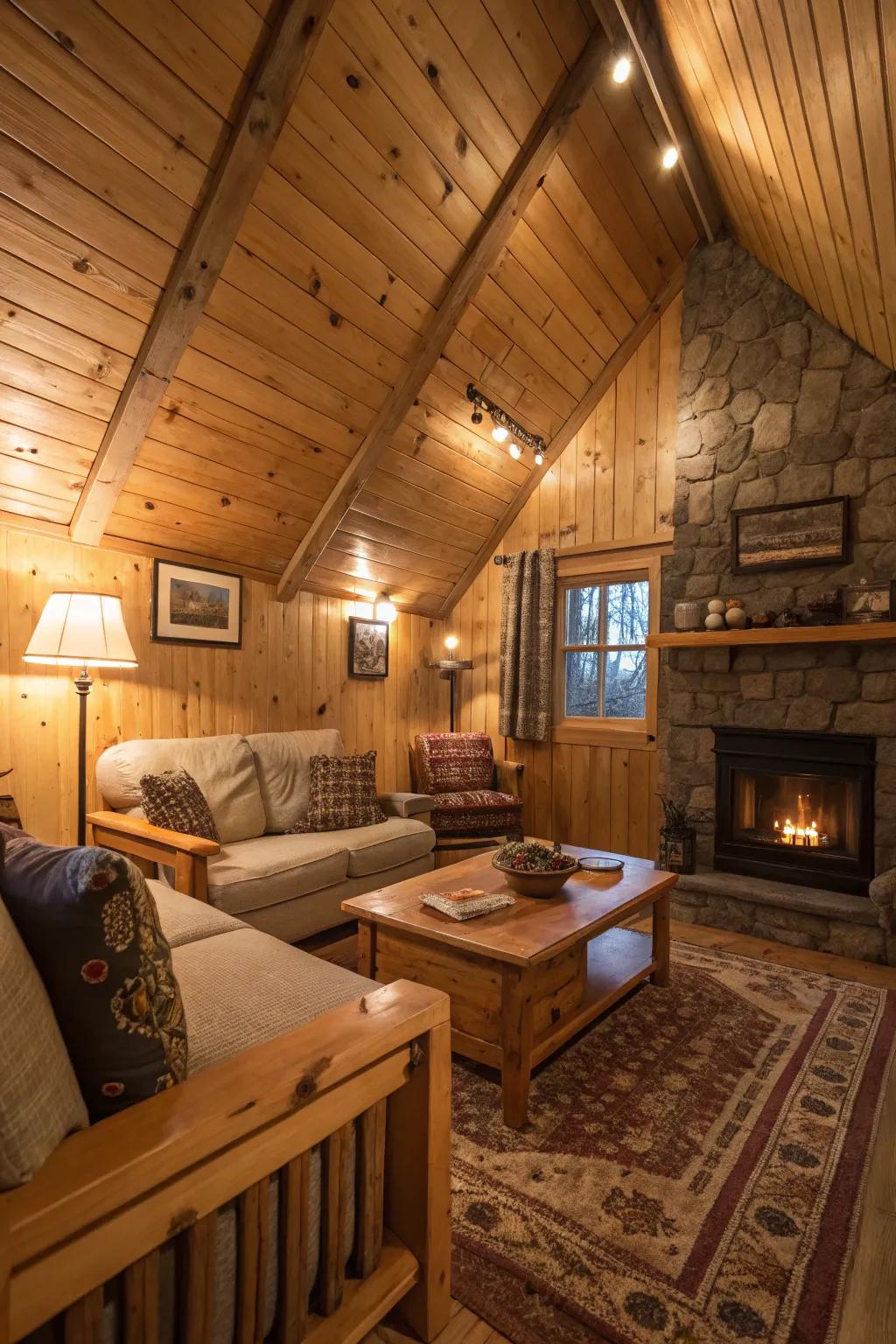 A countryside feel through narrow plank strips on the ceiling.
